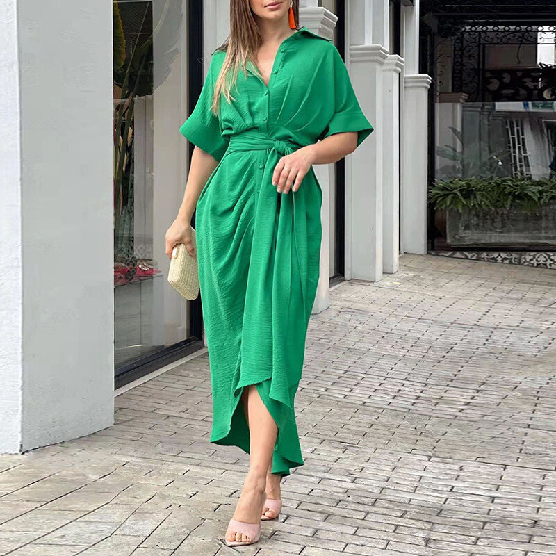 Vestido comprido de camisa de cintura alta com lapela estampada para mulher 2025