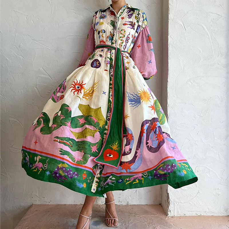 2025 vestido feminino manga lanterna estampado lapela cintura manga comprida