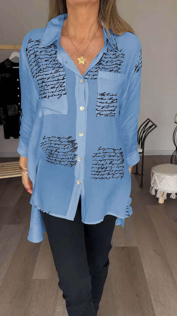 Camisa elegante com lapelas e estampa de letras