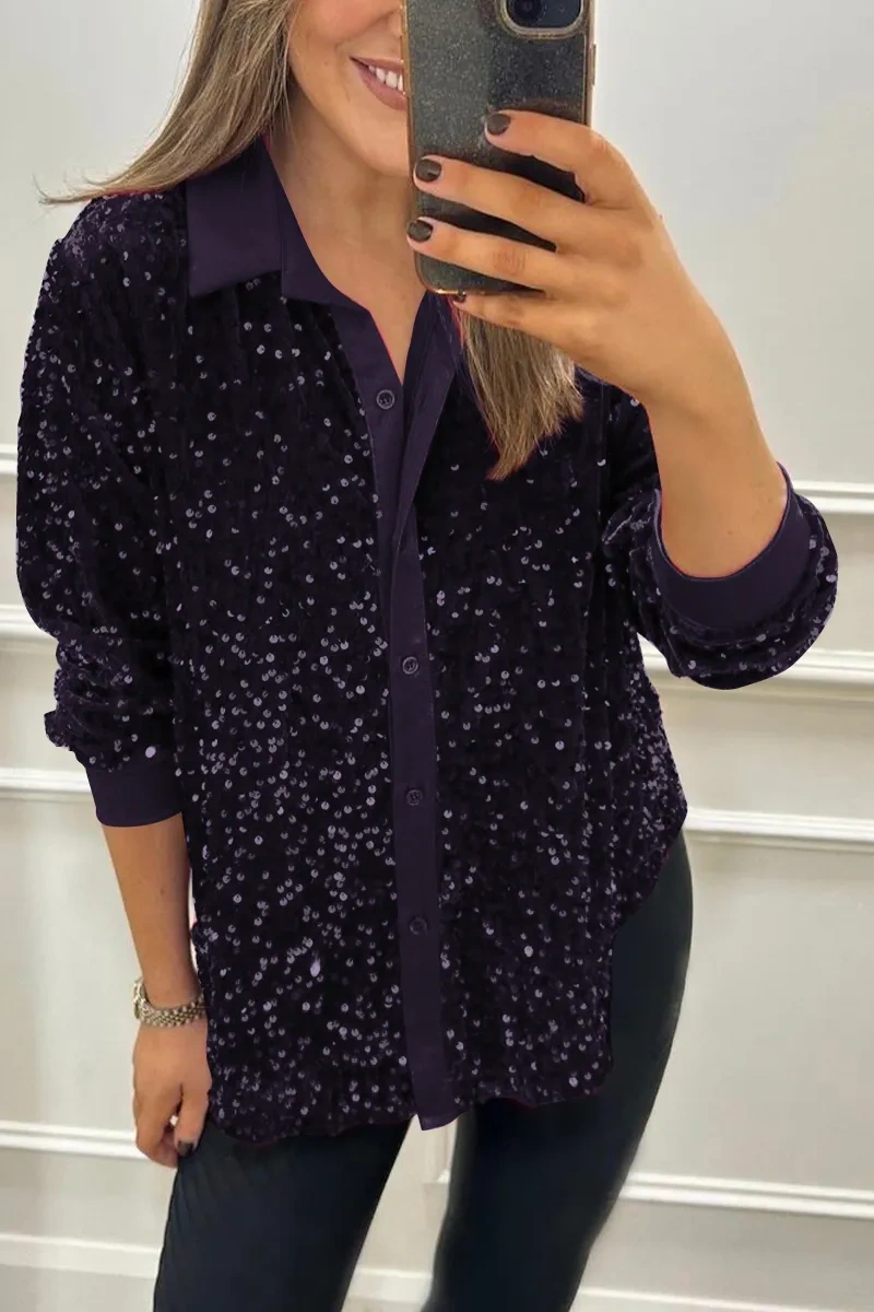 Camisa de festa para mulher com lapela brilhante e peito único