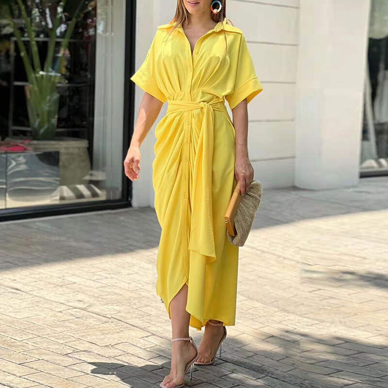 Vestido comprido de camisa de cintura alta com lapela estampada para mulher 2025