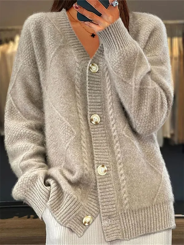 Suéter feminino solto casual de cashmere com botão frontal