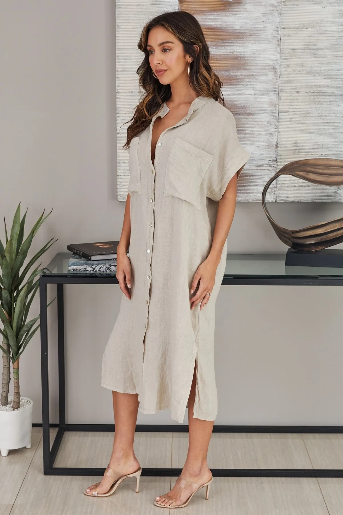 THE MICAELA MANDARIN COLLAR LINEN SHIRT DRESS