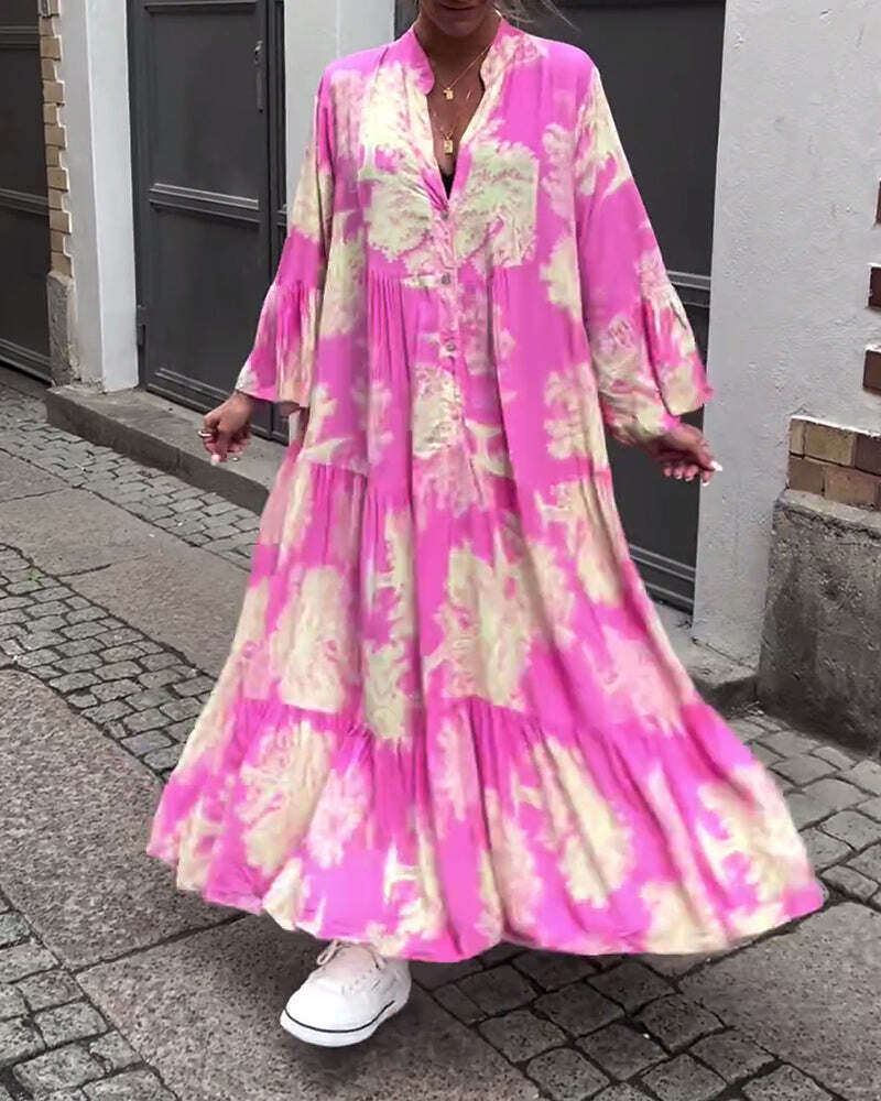 Vestido com decote em V e manga sino estampado com painel solto