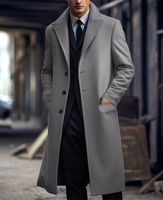 Trench coat sólido com lapela e bolso único com aba e entalhe