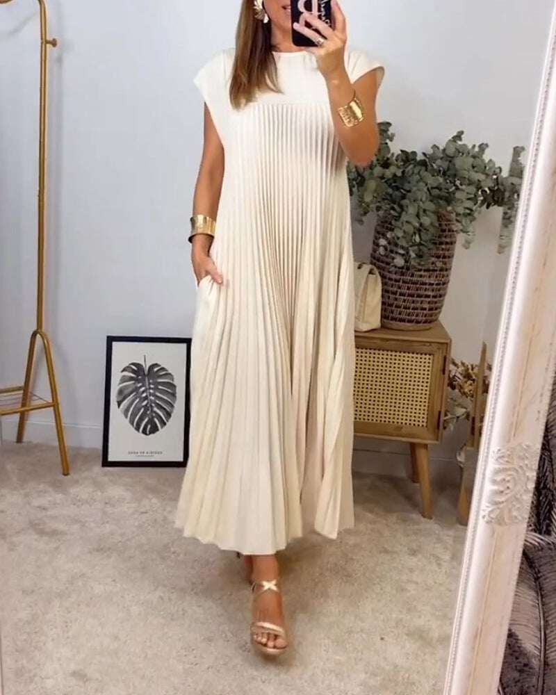 Vestido plissado simples de cor sólida para mulheres