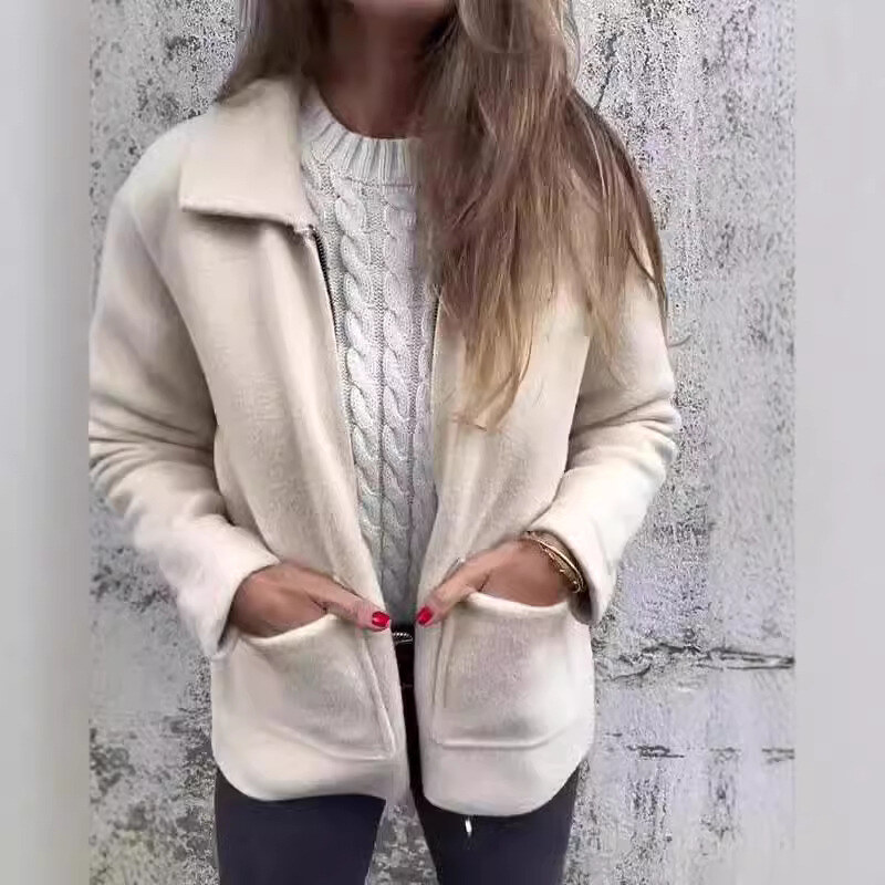 2025 outono e inverno novo feminino lapela cor sólida zíper bolso jaqueta comprimento médio casaco feminino