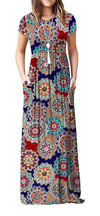 Amazon WISH hit 2023 autumn new element printed round neck pocket long sleeve dress waist long skirt