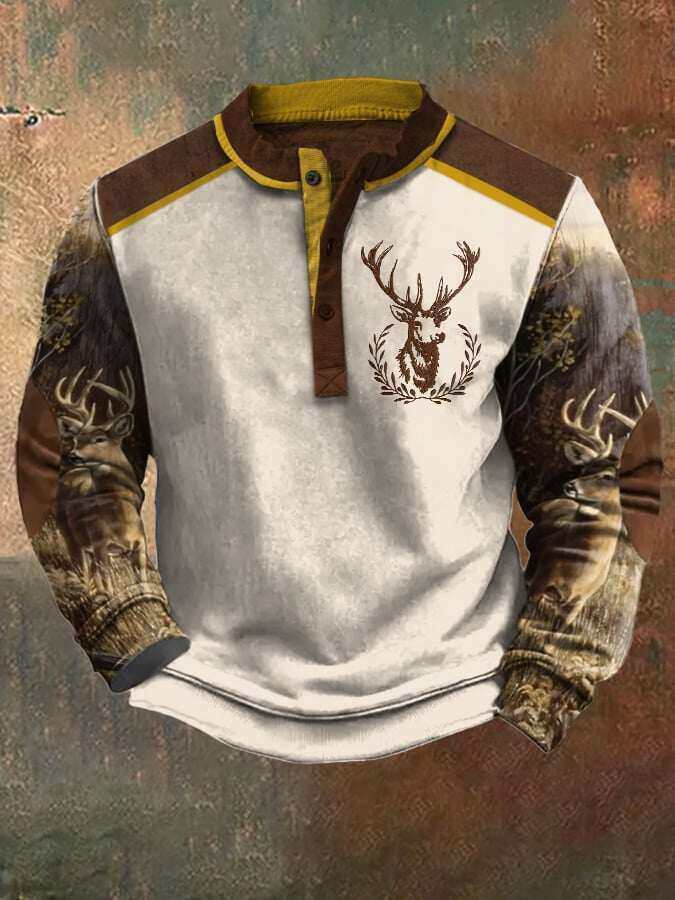 Moletom masculino casual vintage contrastante Elk Western