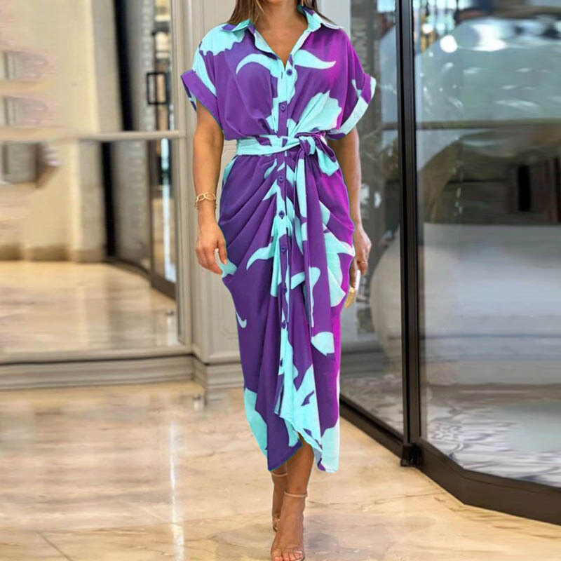 Vestido comprido de camisa de cintura alta com lapela estampada para mulher 2025