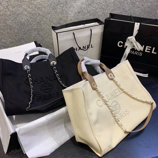 Chanel Canvas Pearl Deauville Medium Tote Beige or Black