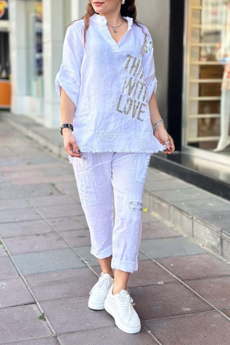 Conjunto Top + Calça Dia Feminino em Algodão e Linho