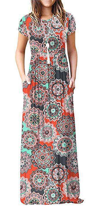 Amazon WISH hit 2023 autumn new element printed round neck pocket long sleeve dress waist long skirt