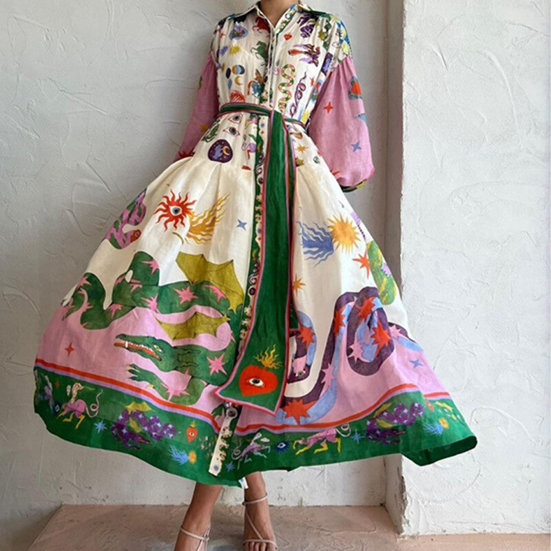 2025 vestido feminino manga lanterna estampado lapela cintura manga comprida
