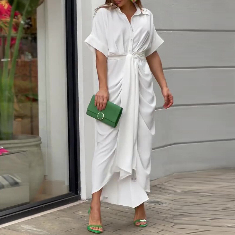 Vestido comprido de camisa de cintura alta com lapela estampada para mulher 2025
