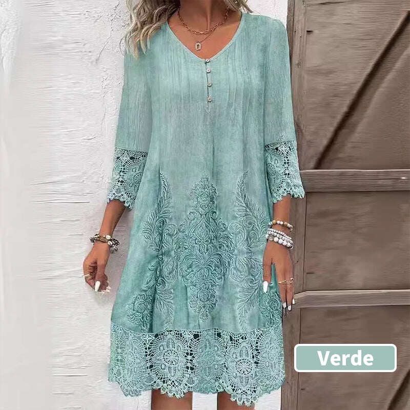 Vestido elegante de renda com meia manga e decote em V para mulher