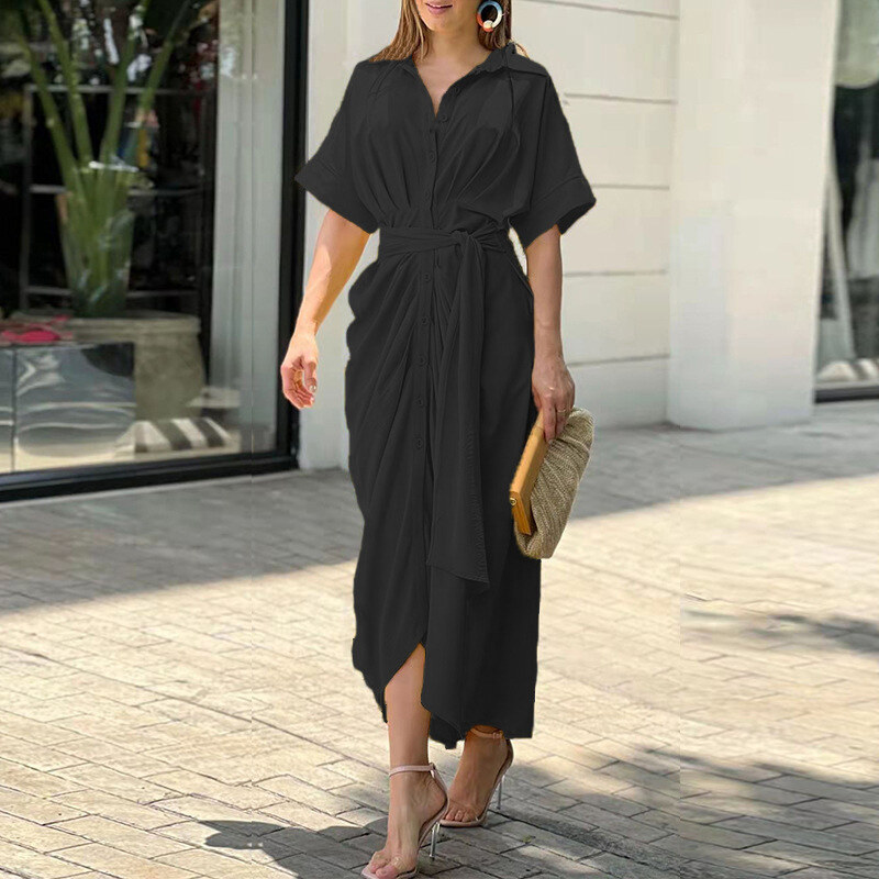 Vestido comprido de camisa de cintura alta com lapela estampada para mulher 2025