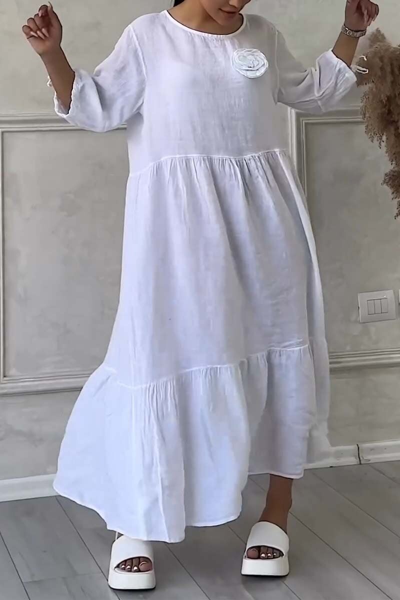 Vestido maxi em algodão e linho decorado com um espartilho