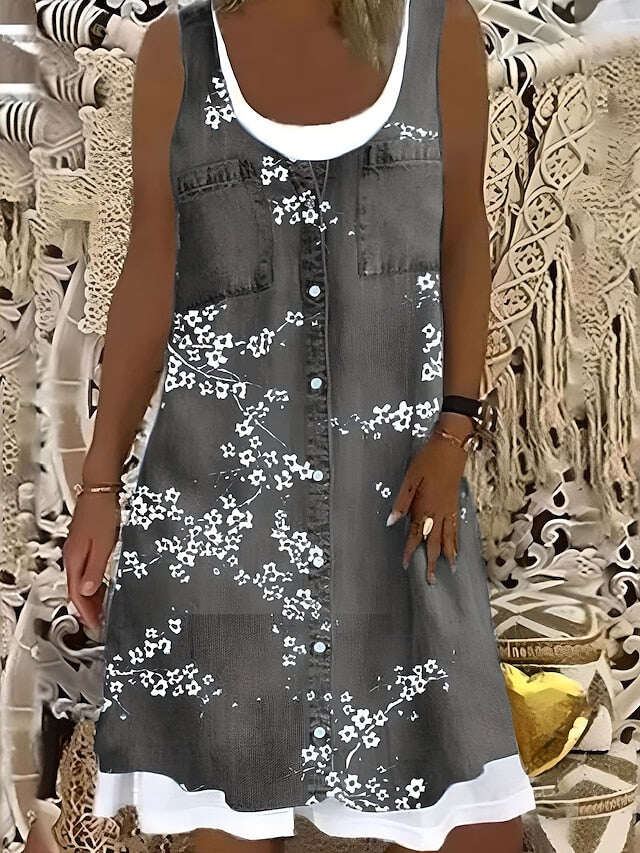 Vestido feminino linha a midi cinza sem mangas floral falso duas peças verão primavera em torno do pescoço moderno 2023 5xl