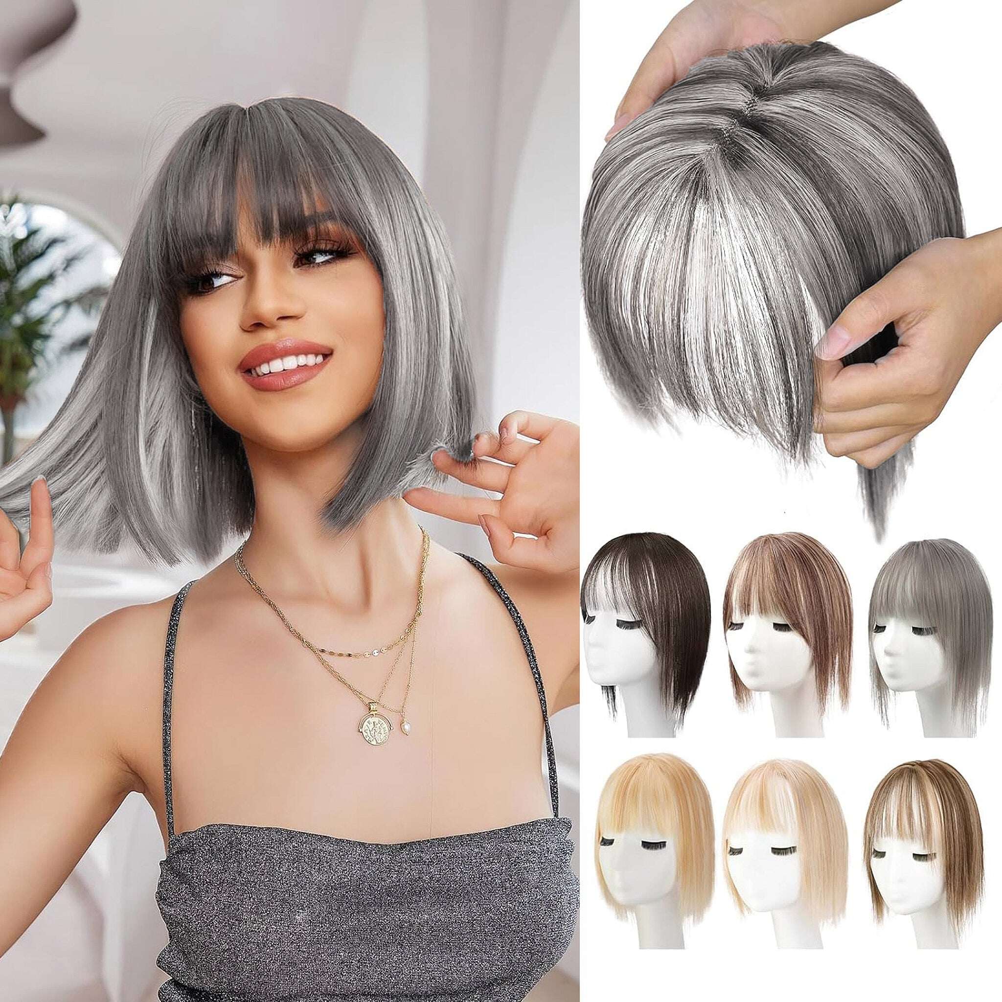 Toppers de cabelo 100% humano para mulheres, adicionando volume de cabelo com franja, 12 polegadas, invisível