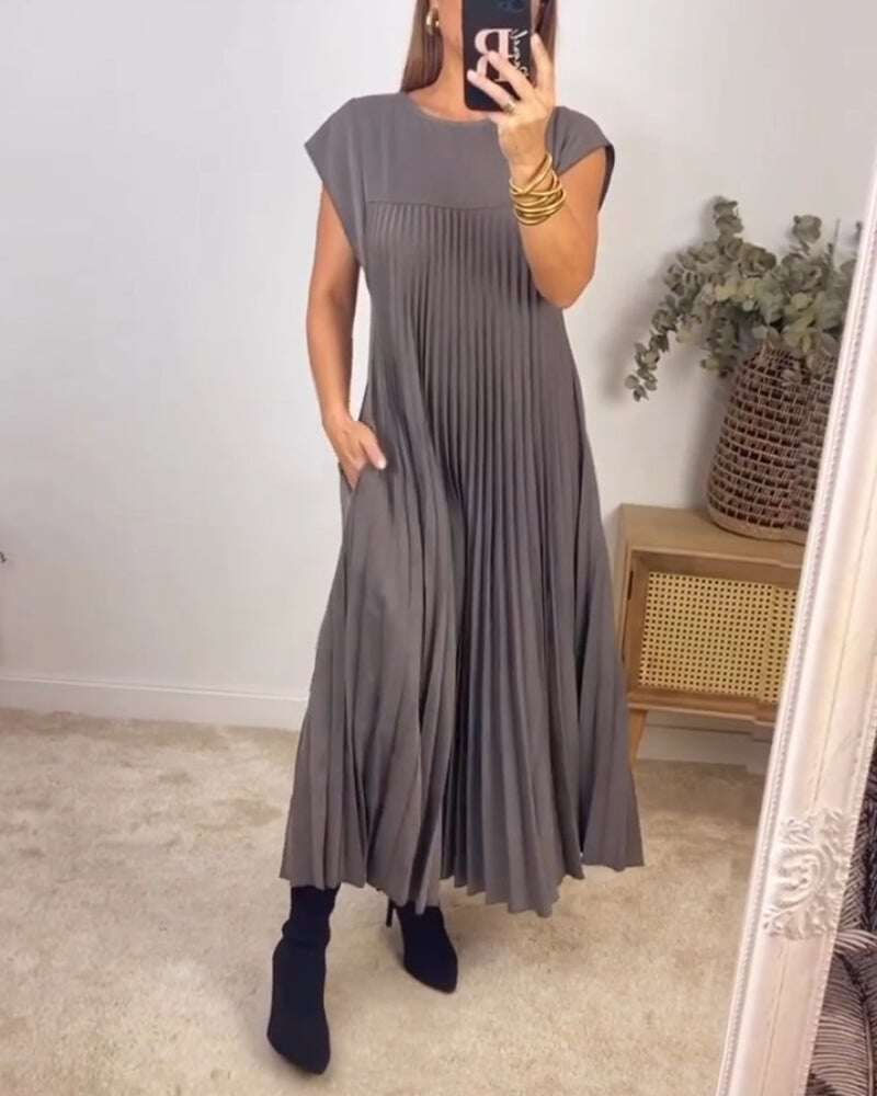 Vestido plissado simples de cor sólida para mulheres