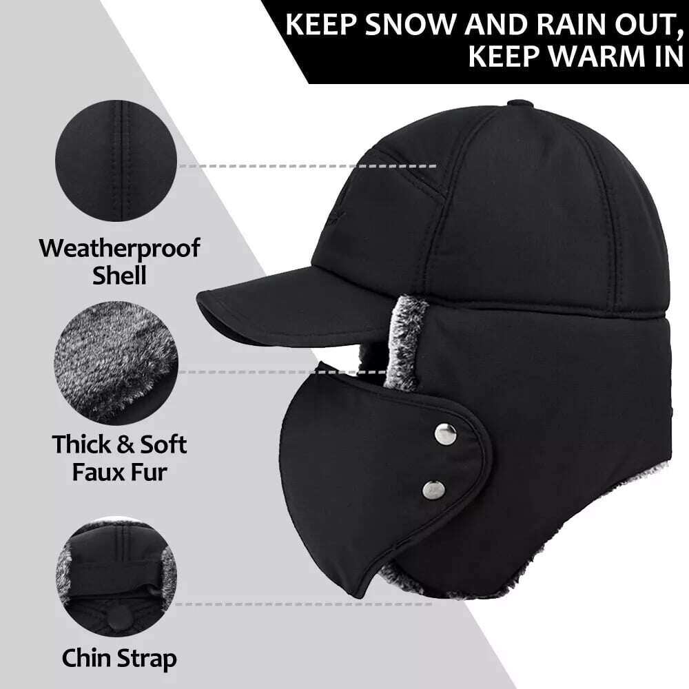 🧢❄️Homens Inverno Aba de Orelha Chapéu Trapper Máscara Facial Pele Aviador Térmico Quente Neve Esqui Cap