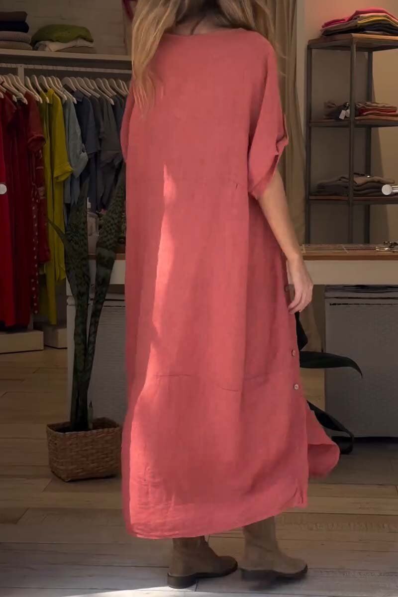 Vestido feminino em algodão e linho, amarrado com botões nas laterais