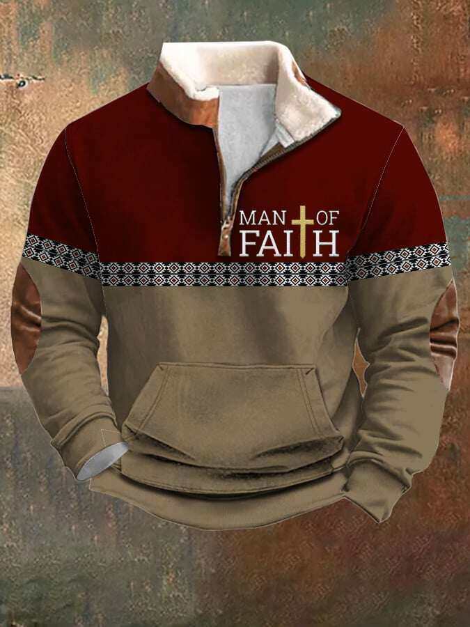 Moletom masculino Faith Contrast Color Retro zip com mangas compridas e gola de pele