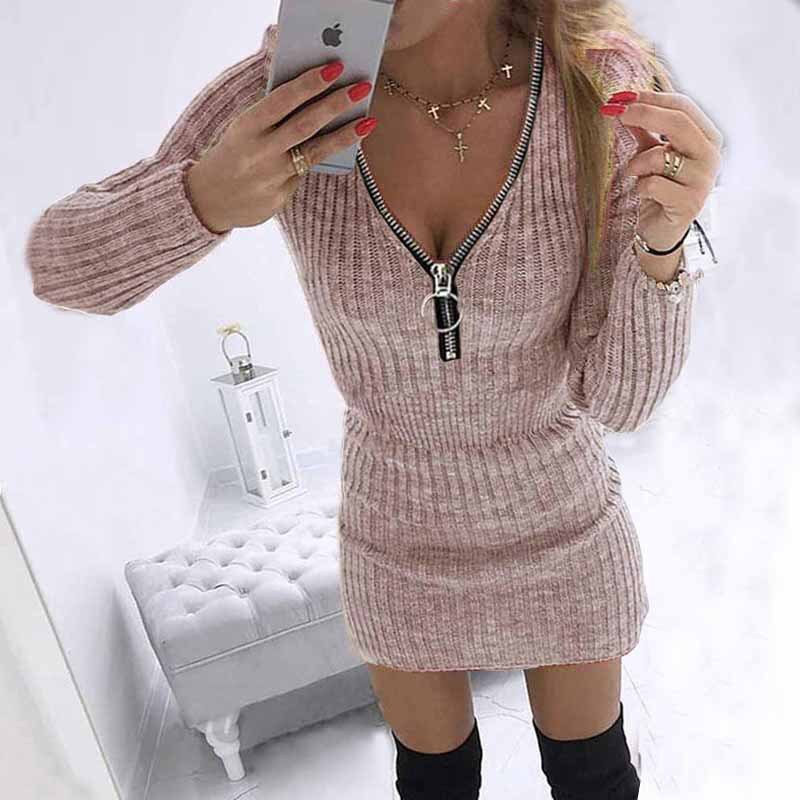 Vestido de malha com zíper na cintura e manga comprida para mulheres outono e inverno 2025