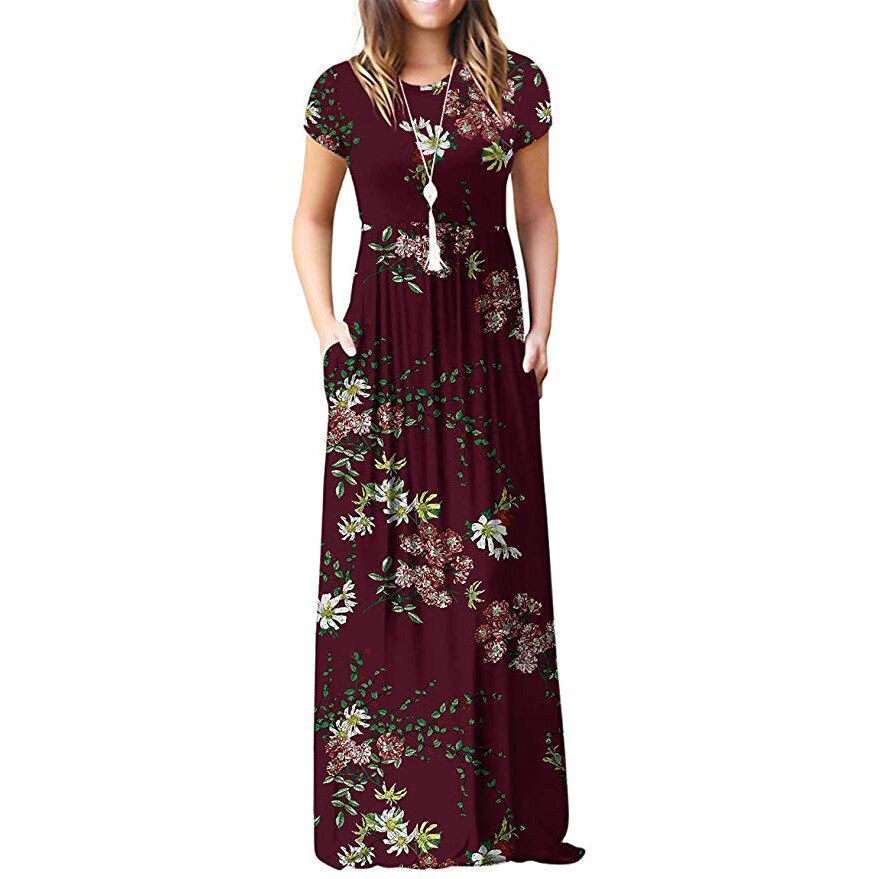 Amazon WISH hit 2023 autumn new element printed round neck pocket long sleeve dress waist long skirt