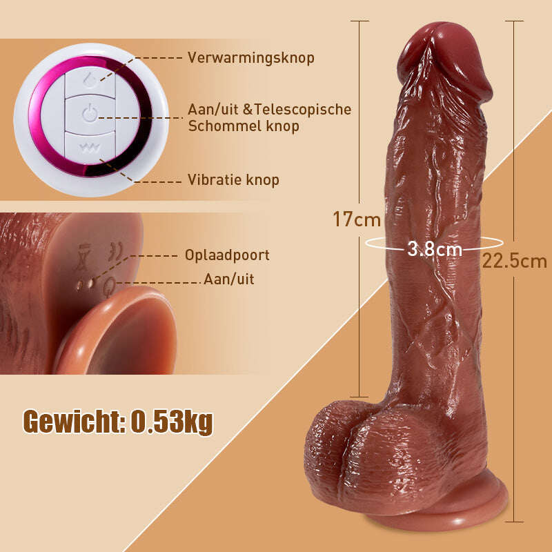 CUPIDO Realistic Dildo 9 Vibration 3 Teleskopické vyhřívání houpačky 22,5 cm