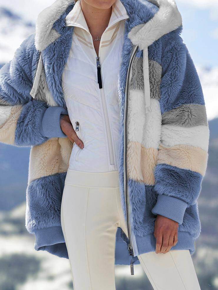 2025 Outono e Inverno Quente Plush Patchwork Zíper Bolso Com Capuz Solto Jaqueta Feminina