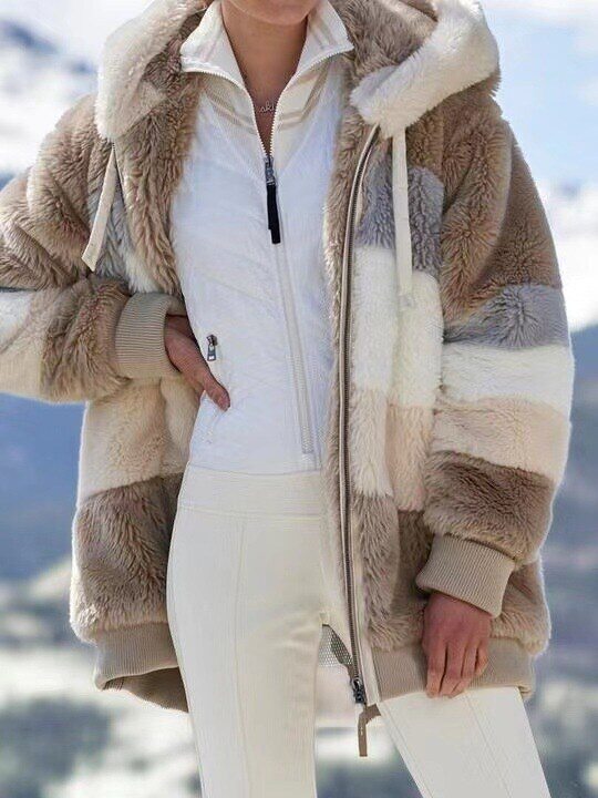 2025 Outono e Inverno Quente Plush Patchwork Zíper Bolso Com Capuz Solto Jaqueta Feminina