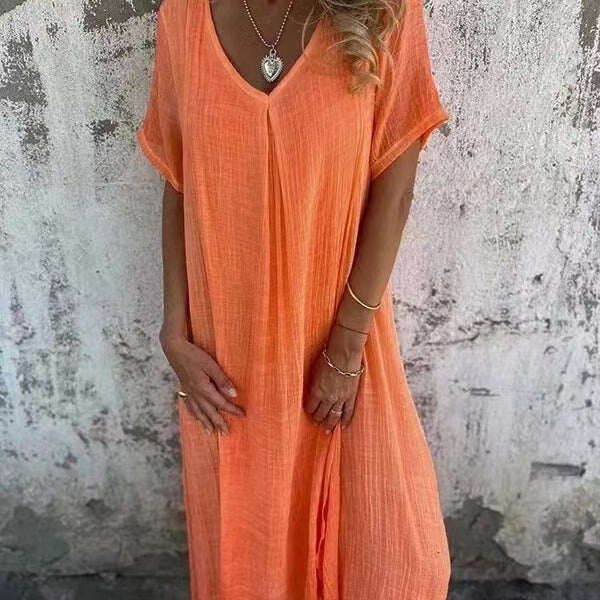 🎁Vestido de linho de algodão com gola pontiaguda