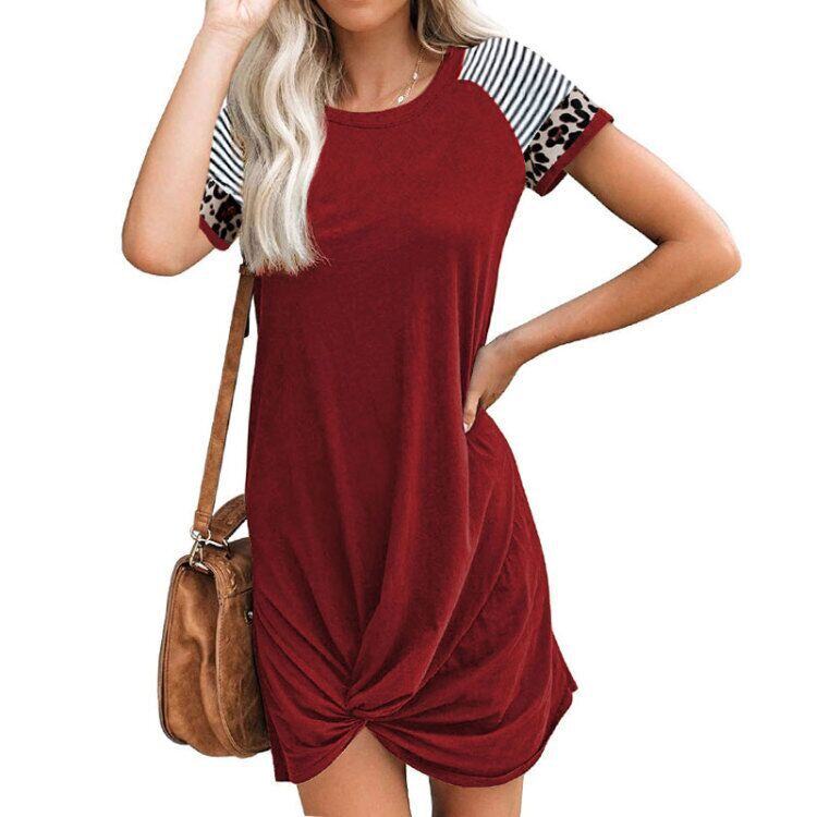 Vestido de manga curta com bolso e t-shirt raglan com padrão leopardo primavera e verão