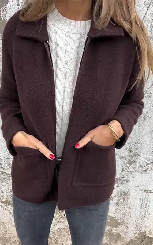 2025 outono e inverno novo feminino lapela cor sólida zíper bolso jaqueta comprimento médio casaco feminino