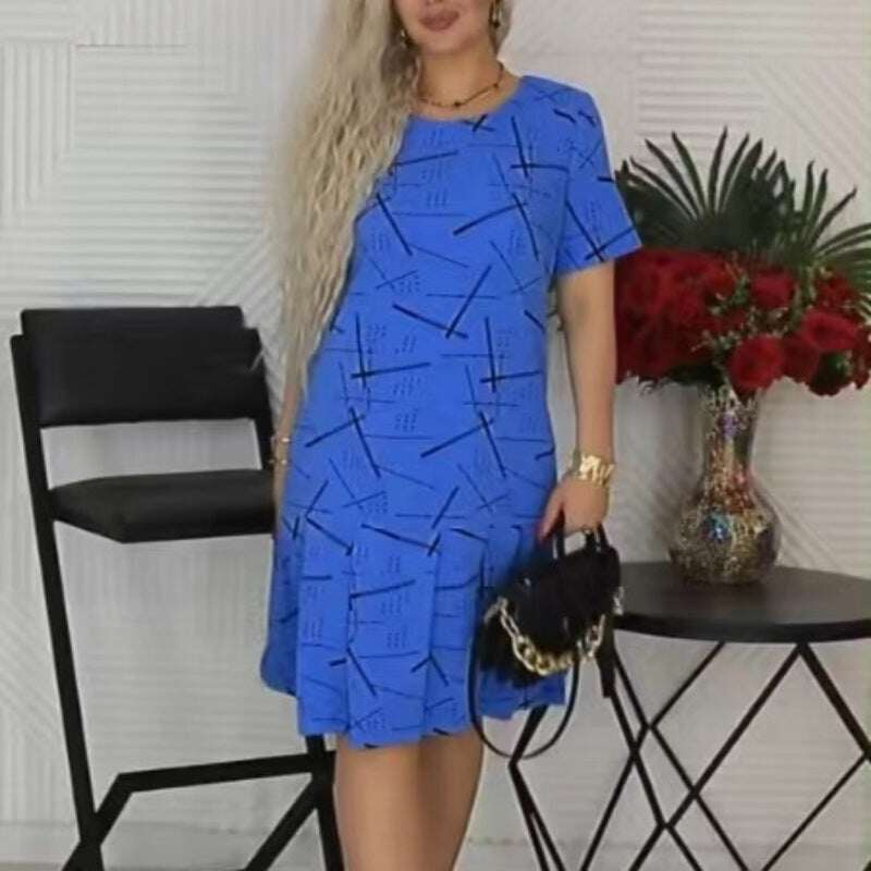 Vestido feminino com estampa da moda, solto, manga curta, plissado