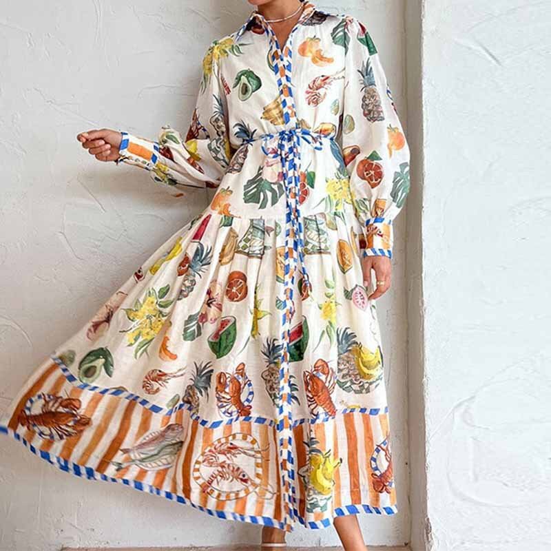 2025 vestido feminino manga lanterna estampado lapela cintura manga comprida