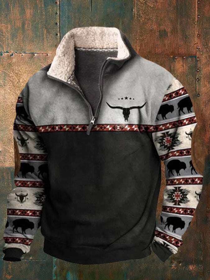 Moletom casual masculino com estampa retrô Western Bull Head