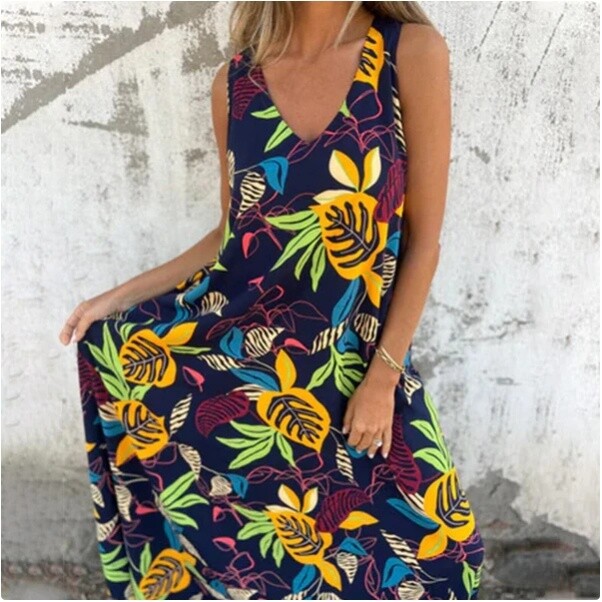 💐Saldos de primavera 🌸 Vestido de menina sem mangas com decote em V e estampado de folhas