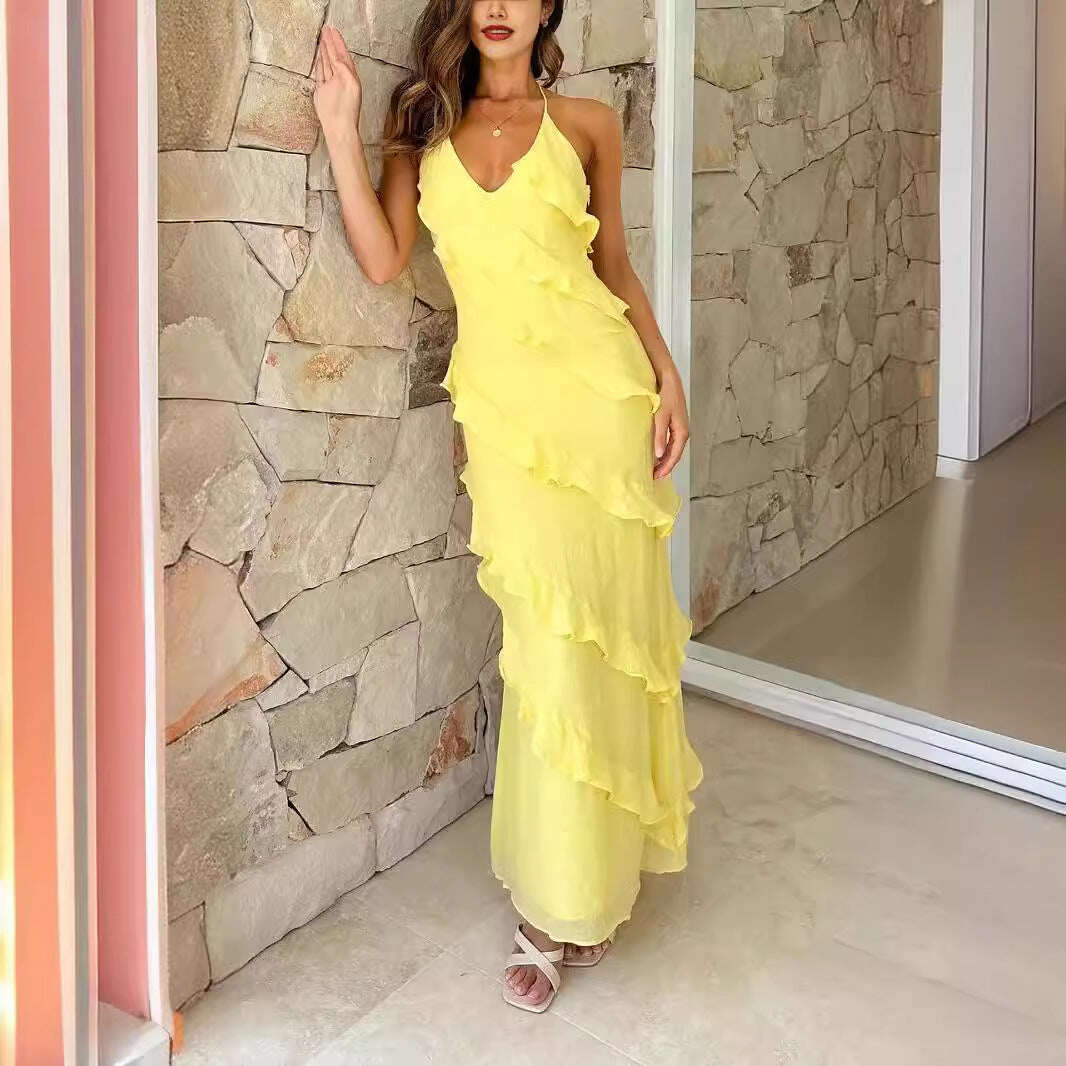 Vestido maxi com folhos Portofino