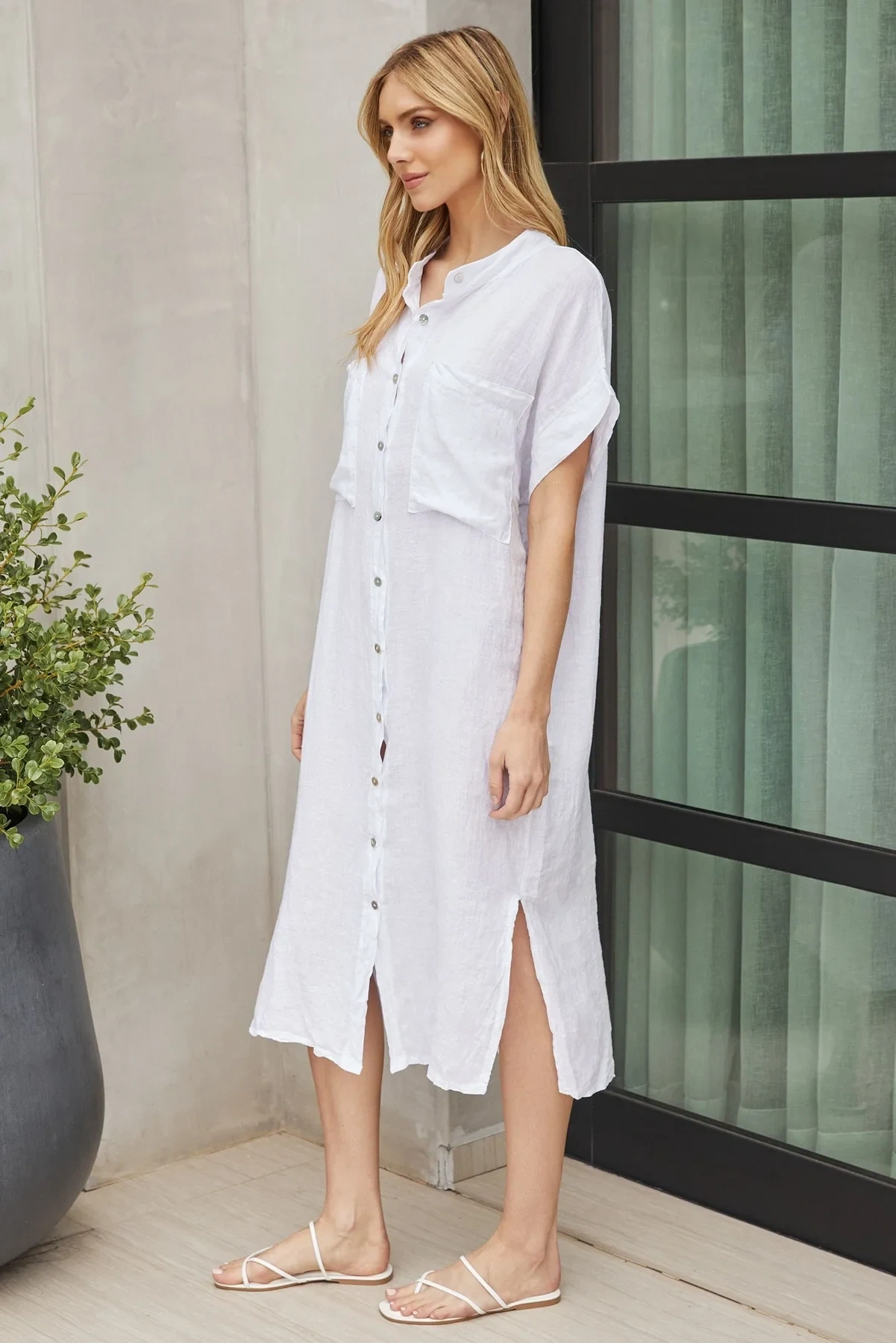 THE MICAELA MANDARIN COLLAR LINEN SHIRT DRESS