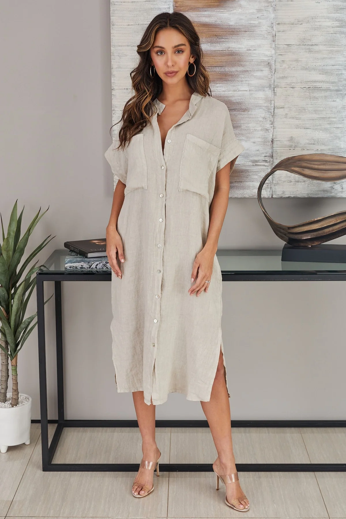 THE MICAELA MANDARIN COLLAR LINEN SHIRT DRESS