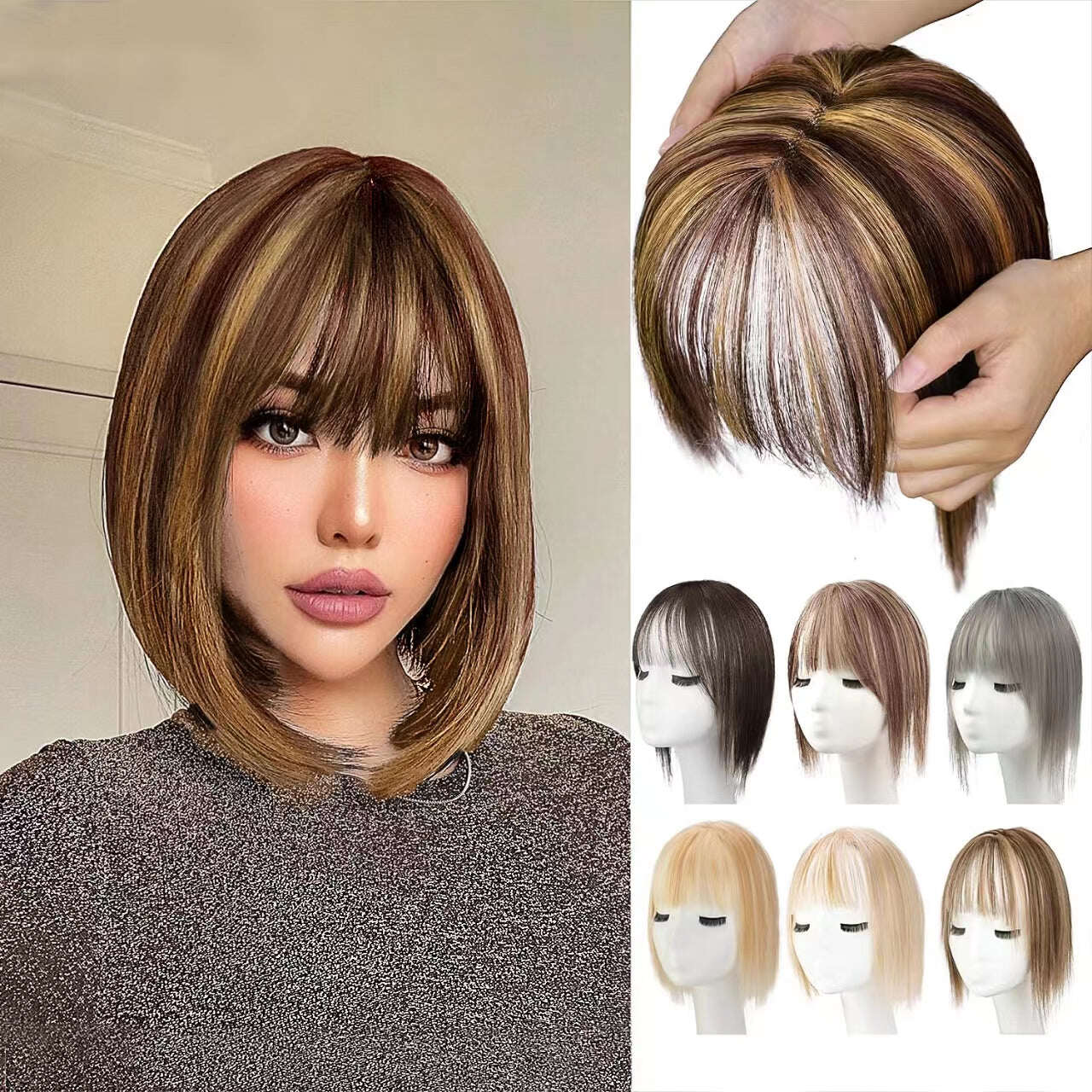 Toppers de cabelo 100% humano para mulheres, adicionando volume de cabelo com franja, 12 polegadas, invisível