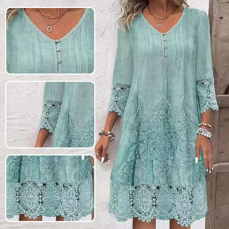 Vestido elegante de renda com meia manga e decote em V para mulher