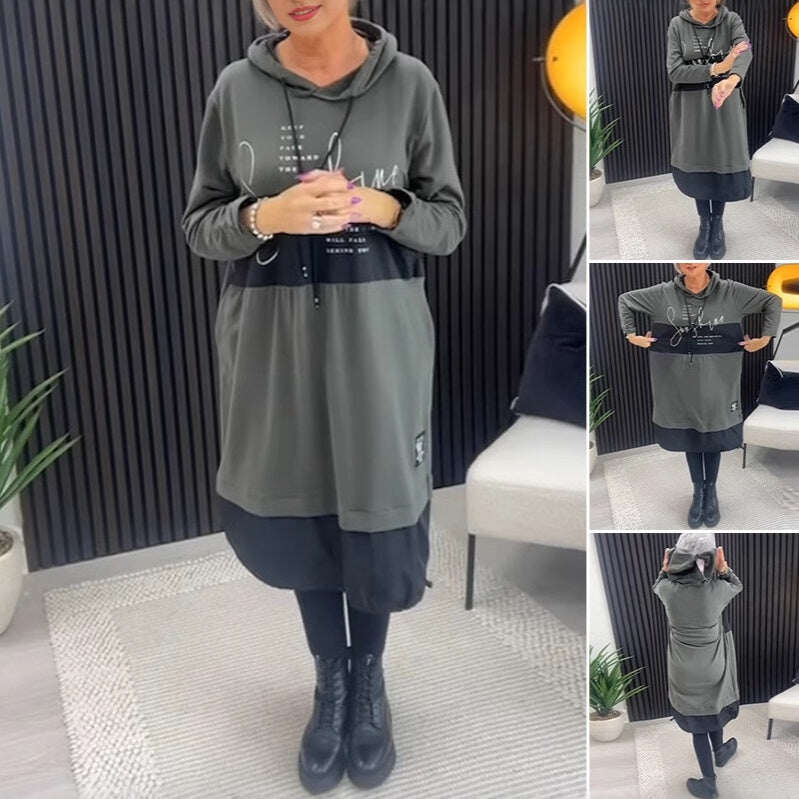 Moteriška laisvalaikio suknelė su spaudiniu su gobtuvu