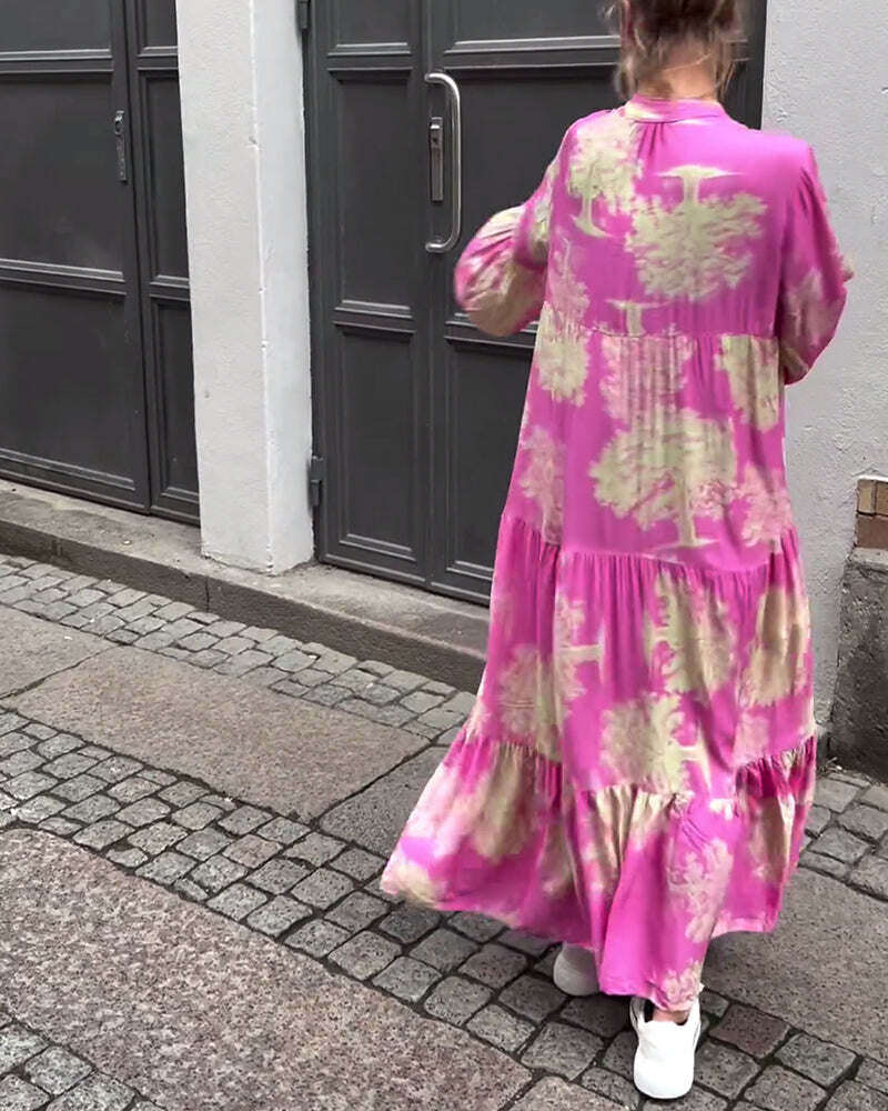 Vestido com decote em V e manga sino estampado com painel solto