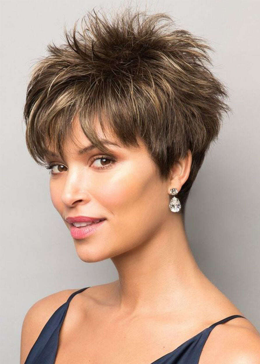 Pixie Boy Cut penteados femininos curtos comprimento reto perucas de cabelo sintético 10 polegadas