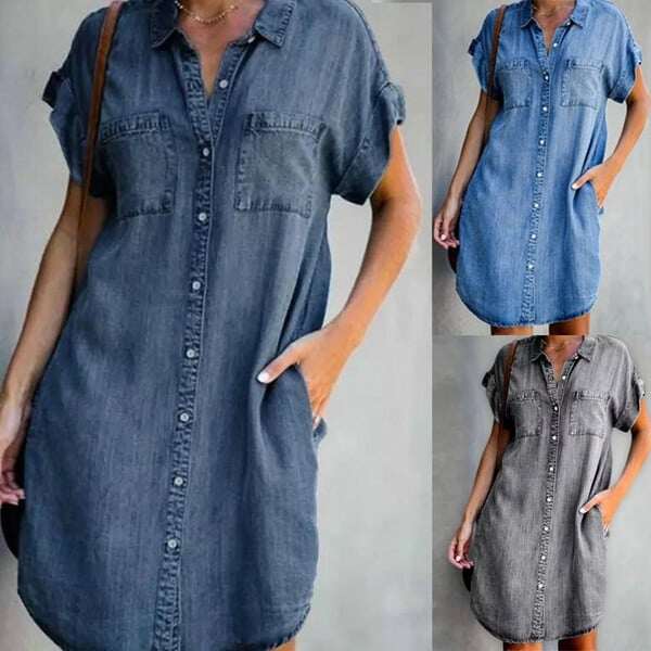 Vestido jeans casual com manga curta