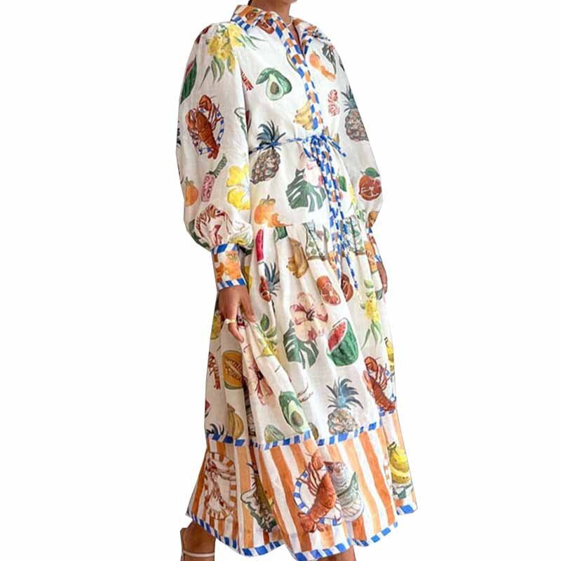2025 vestido feminino manga lanterna estampado lapela cintura manga comprida